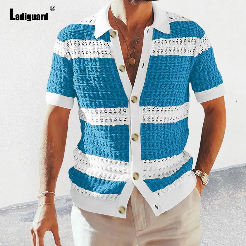Ladiguard Plus size mens short sleeved knitted sweater summer cardigan American European fashion striped top beachwear 240812