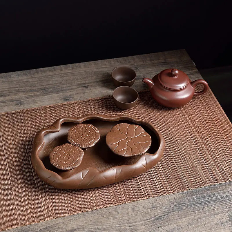 Kungfu Puer Tea Tray Rectangle Lotus Recruiting Wealth Black Tea Tray With Drainage Multifunctional Chinese Purple Sand Wooden 240730