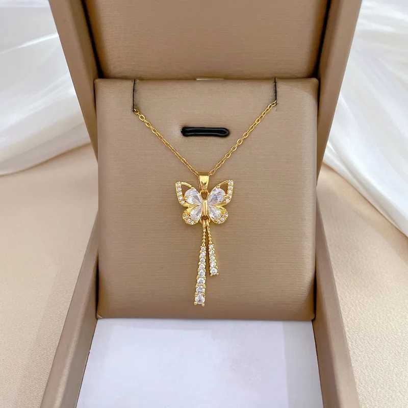 Classic Charming Romantic White Tassel Butterfly Necklace Fashionable Micro-inlaid Temperament Versatile Stainless Steel Gift W250616
