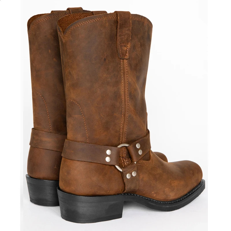 Retro Cowboy Boots Men Mid Calf Western Boots Men Leather Boots Man Slip On Shoes Winter Knight Boots Male Booties Plus Size 48 240724