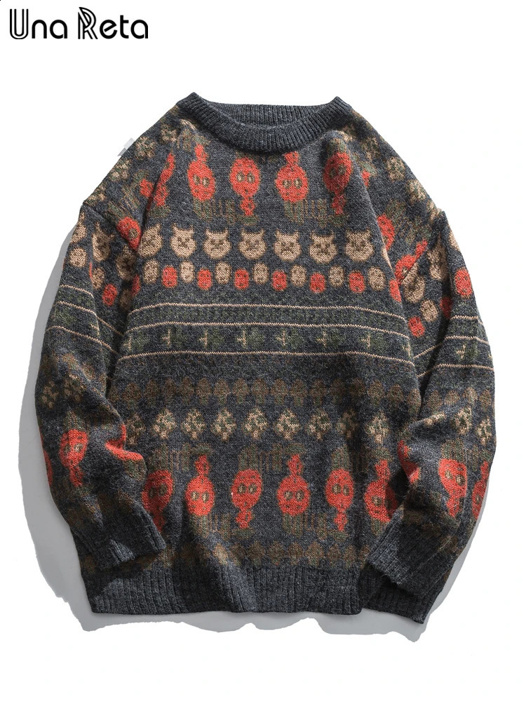 Una Reta Harajuku Print Mens Winter Sweater Streetwear Hip Hop Couples Knitted Pullover Long Sleeve Jacquard Soft Sweaters 240821