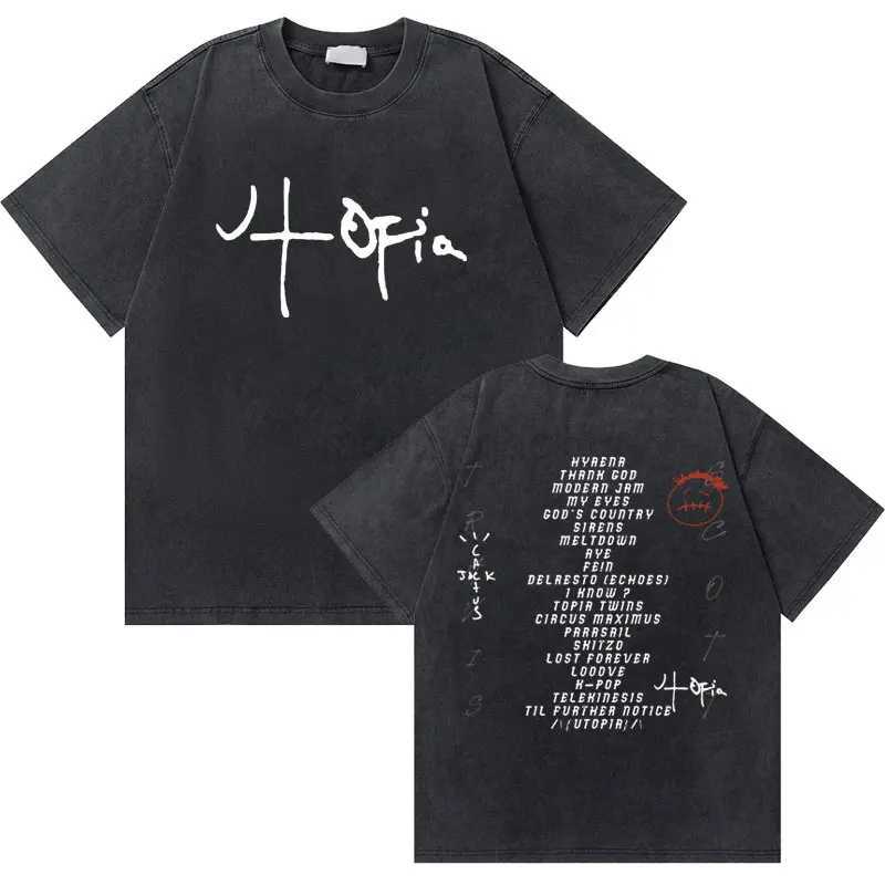Retro washed old Utopia graphic T-shirt for men hip-hop rap oversized T-shirt for men cotton T-shirt for men fashionable streetwear for menX240731