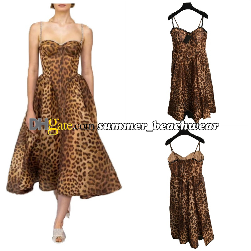 Designer Leopard Printed Dress Retro Party Sexy Dress Lace Edge Rhinestones Embellish Skirts Dating Halter Dress For Couples