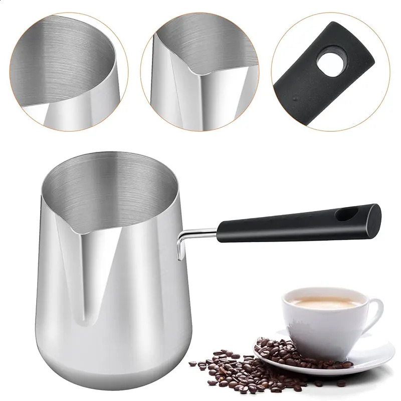 Long Handle Turkish Coffee Pot with Pouring Spout Stainless Steel Milk Butter Warmer Pot Stovetop Chocolate Melting Pan 240731