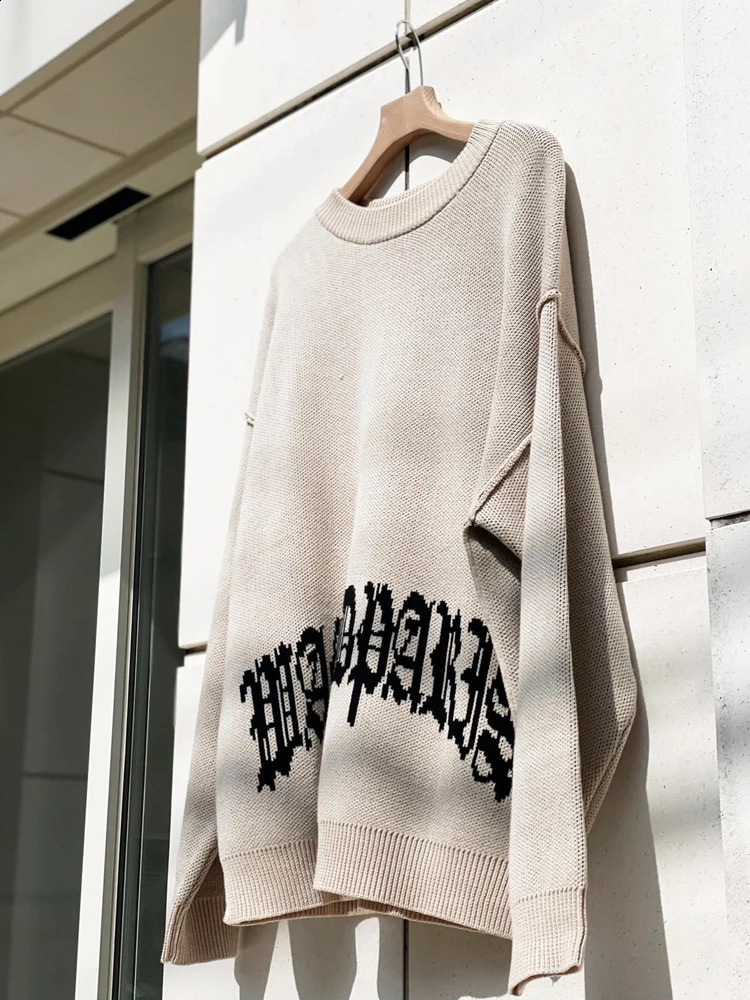 Aesthetics Hip Hop Gothic Y2K Letter Embroidered Knitted Sweater Harajuku Mens and Womens Loose Top Perforated Sportswear 240829