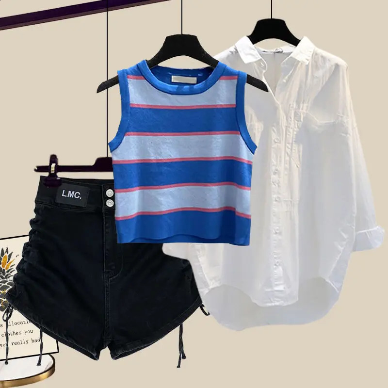 Womens Summer White Sunscreen Shirtstriped Vestdenim Shorts Three Piece Korean Casual Tracksuit Matching Set Female Suit 240731