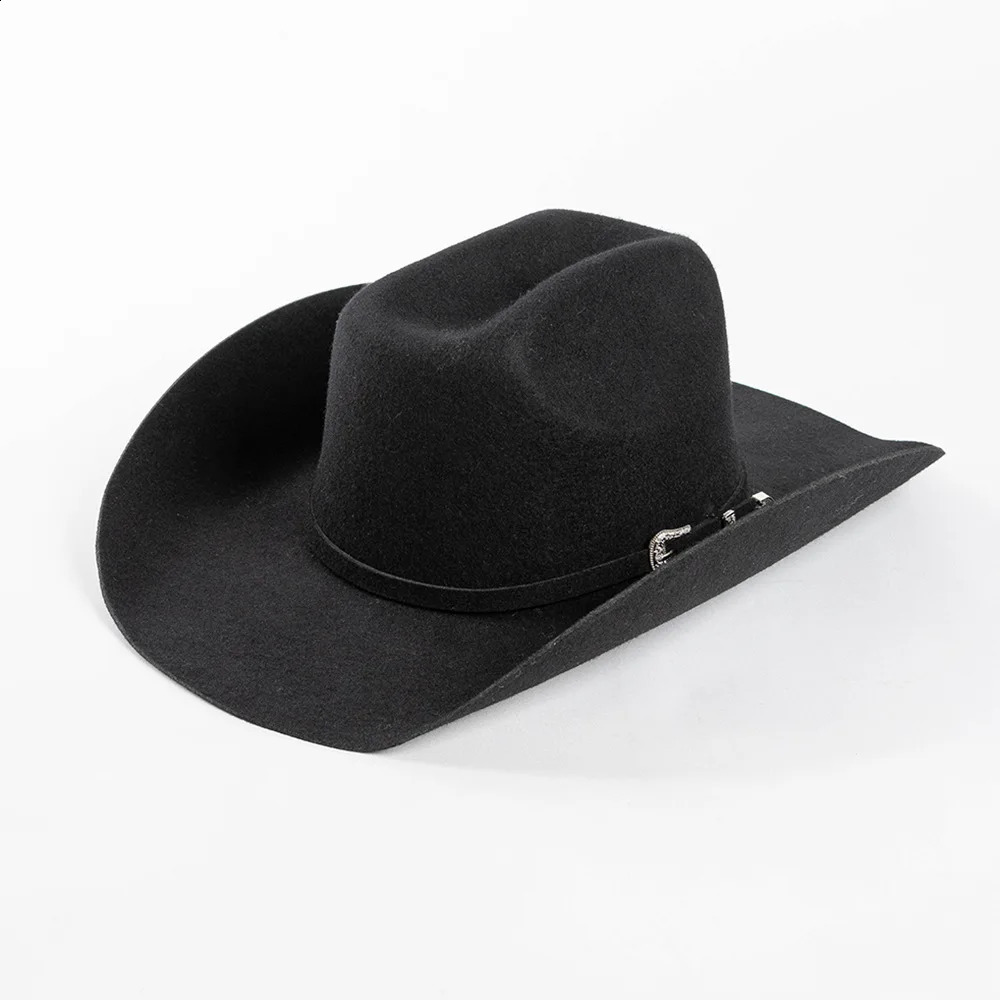 100% Wool Concave Shape Top Hat Fashion Belt Buckle Decorative Woolen Curling Wide Brim Fedora Hat Unisex Western Cowboy Hat 240718