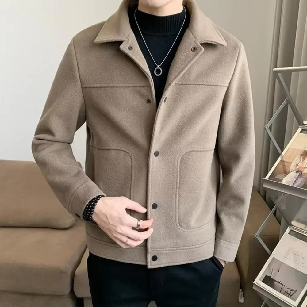 Fall Winter Men Jacket Lapel Single-breasted Thick Woolen Coat Long Sleeve Loose Solid Color Warm Pockets Men Fall Winter Coat 240812