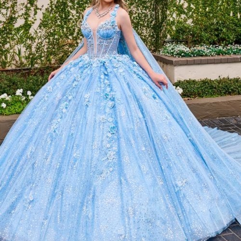 Shiny Princess Quinceanera Dress Ball Gown Lace Applique Beading Corset With Cape Sweet 16 Vestido 15 De Anos