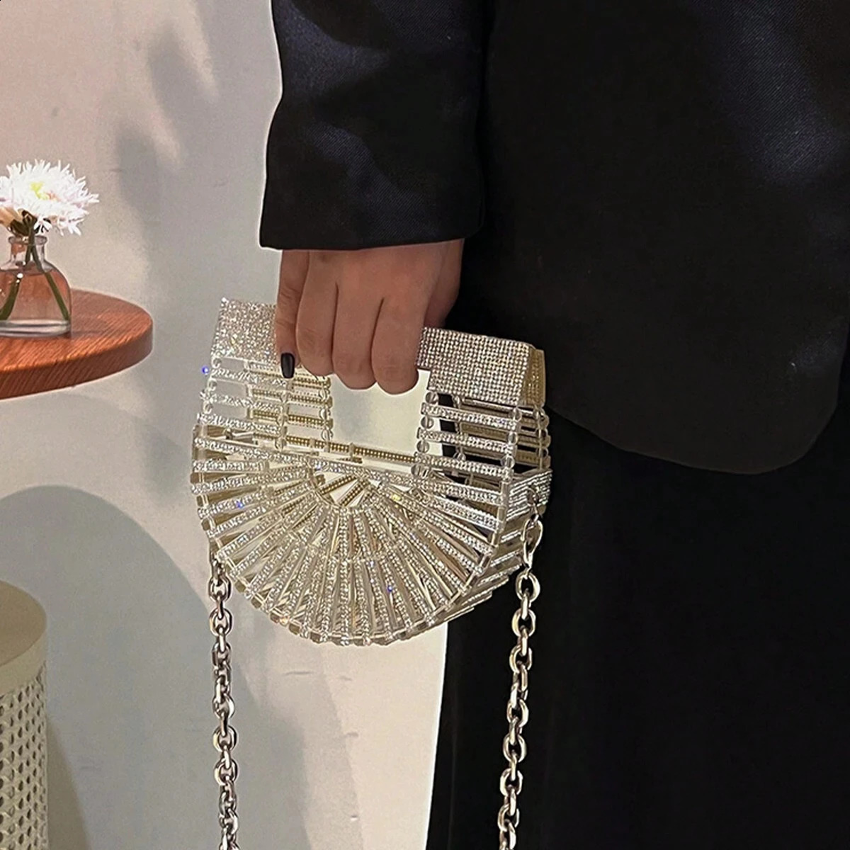 womens half moon banquet hollow out dia basket wallet mini evening handbag shiny crossbody bag 240731 0def