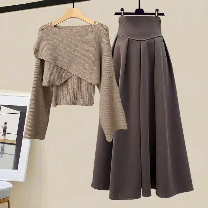 Plus Size Womens Autumn/Winter Set Vintage Knitted SweaterA-line Half Skirt Casual Elegant Womens Two Piece Set 240731