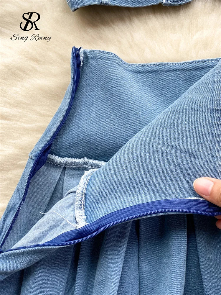 SINGREINY Female Chic Retro Suits Strap Button Elasticity Short TankPleated Mini Skirt Fashion sweet Denim Two Pieces Set 240812