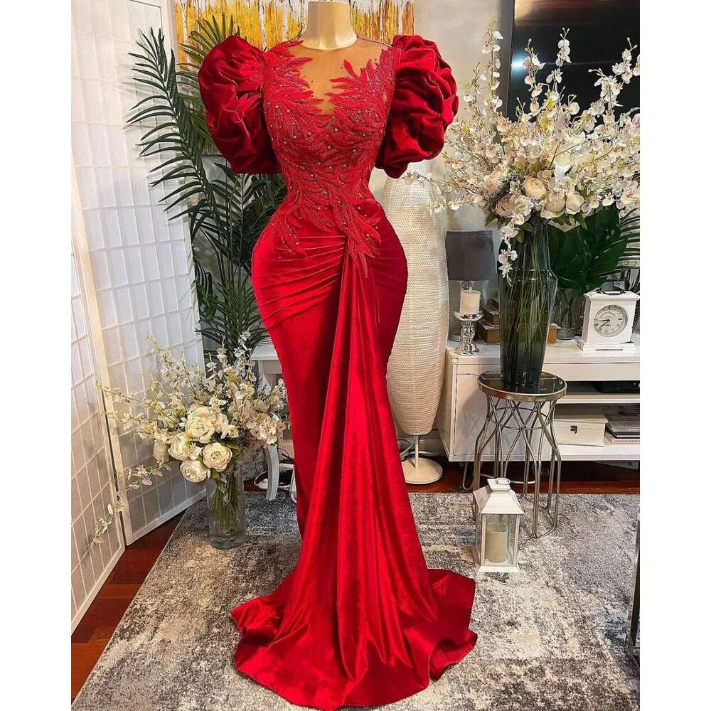Size Plus Red Mermaid Lace Prom Dresses Beaded Sheer Neck Veet Evening Formal Party Second Reception Gowns Dress
