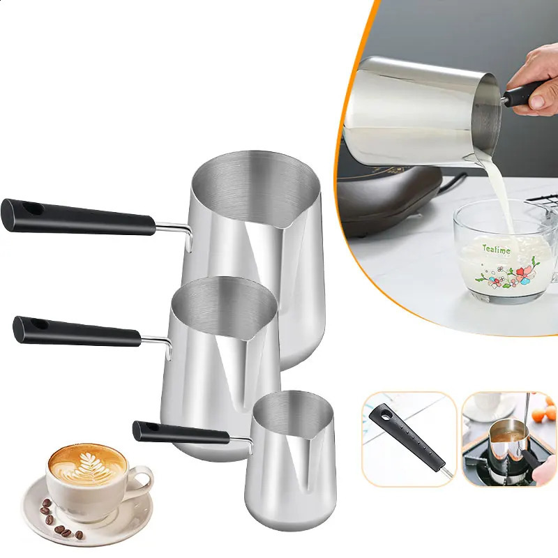 Long Handle Turkish Coffee Pot with Pouring Spout Stainless Steel Milk Butter Warmer Pot Stovetop Chocolate Melting Pan 240731