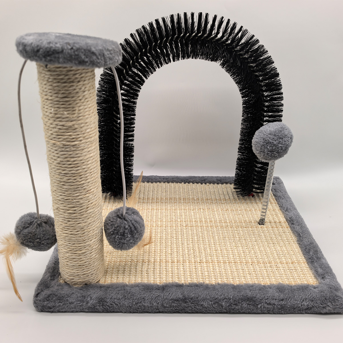 Toy Arch Self with Massage Grooming Brush Board and Sisal Scratching Post for Cat Interactive Toys