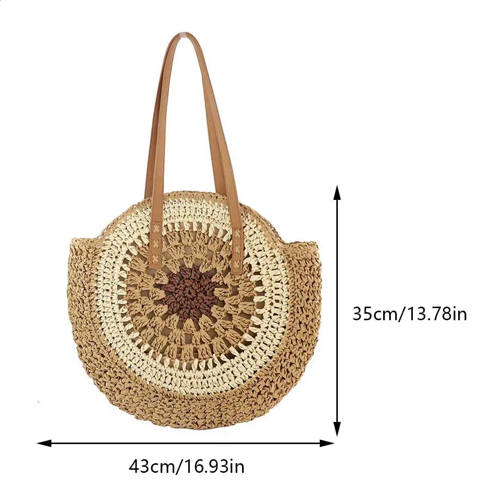 Summer straw bag womens round shoulder travel handmade beach handbag large capacity shopping 240830