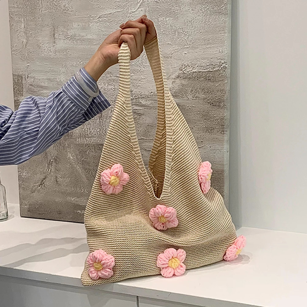 Large Capacity Shoulder Bag Crochet Knitted Flower Women Casual Tote Armpit for Beach Summer Shopping 241203