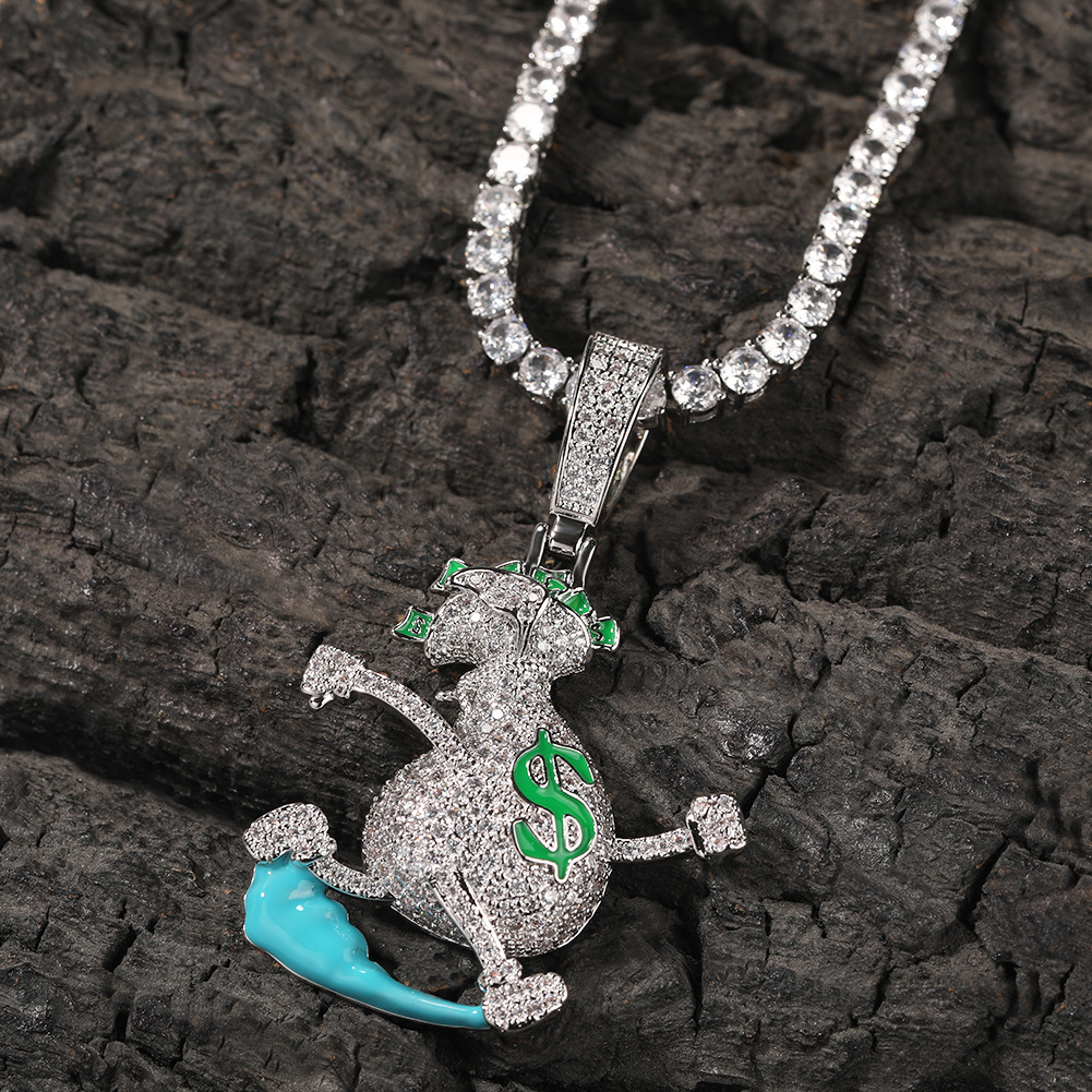 Hip Hop Running Money Bag Pendant Necklace TopBling 5A Zircon Rap Mens Jewelry