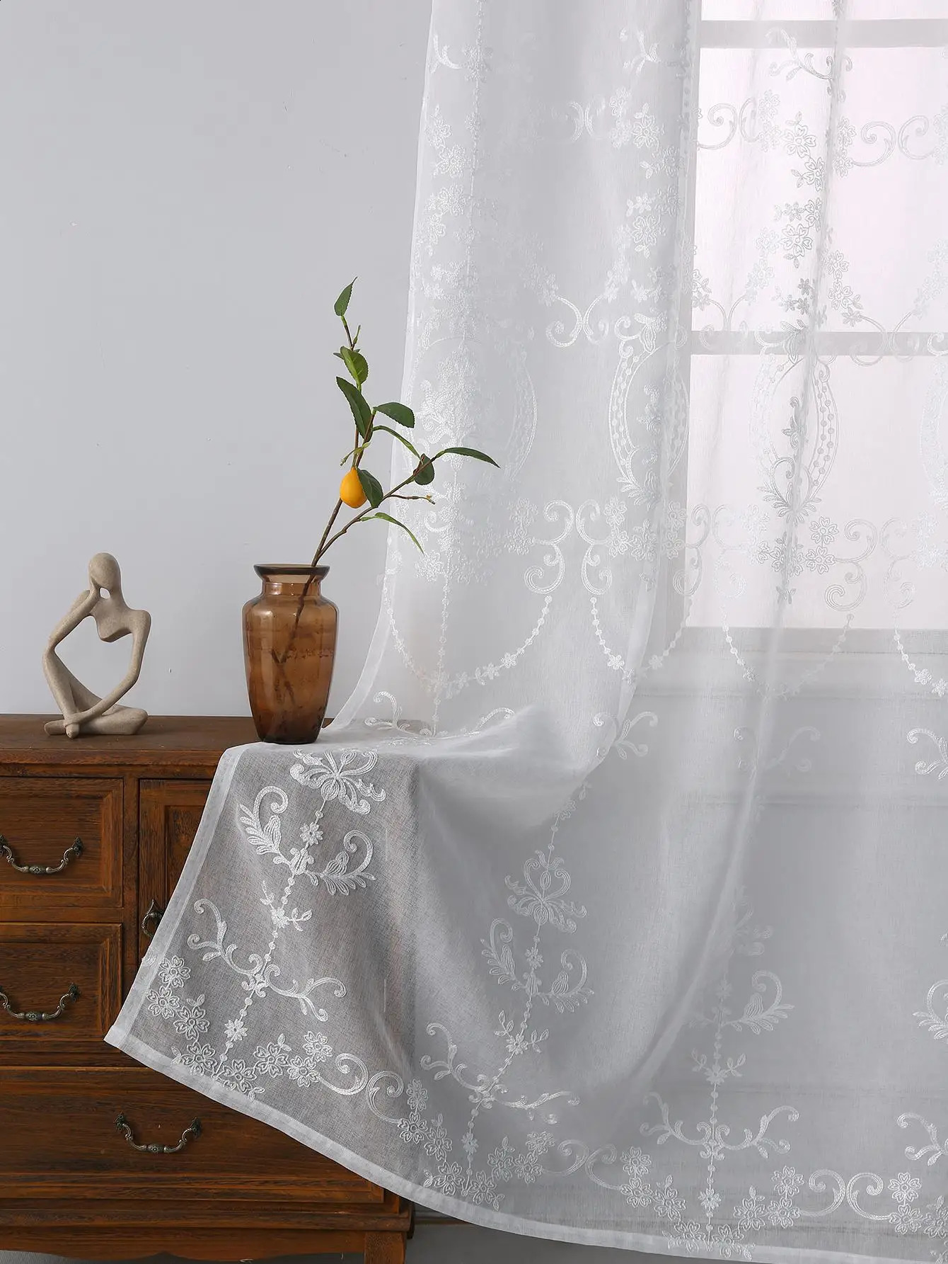 Sheer Curtains White Embroidered Floral Voile Drapes for Living room Bedroom 240730