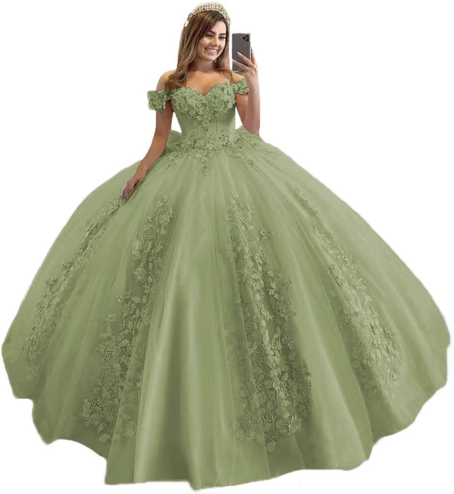 Off Shoulder Quinceanera Dresses 3D Flower Puffy Princess Sweetheart Ball Gown Lace Beaded Sweet 15 16 Debutante Party Birthday Vestidos De 15 Anos 94