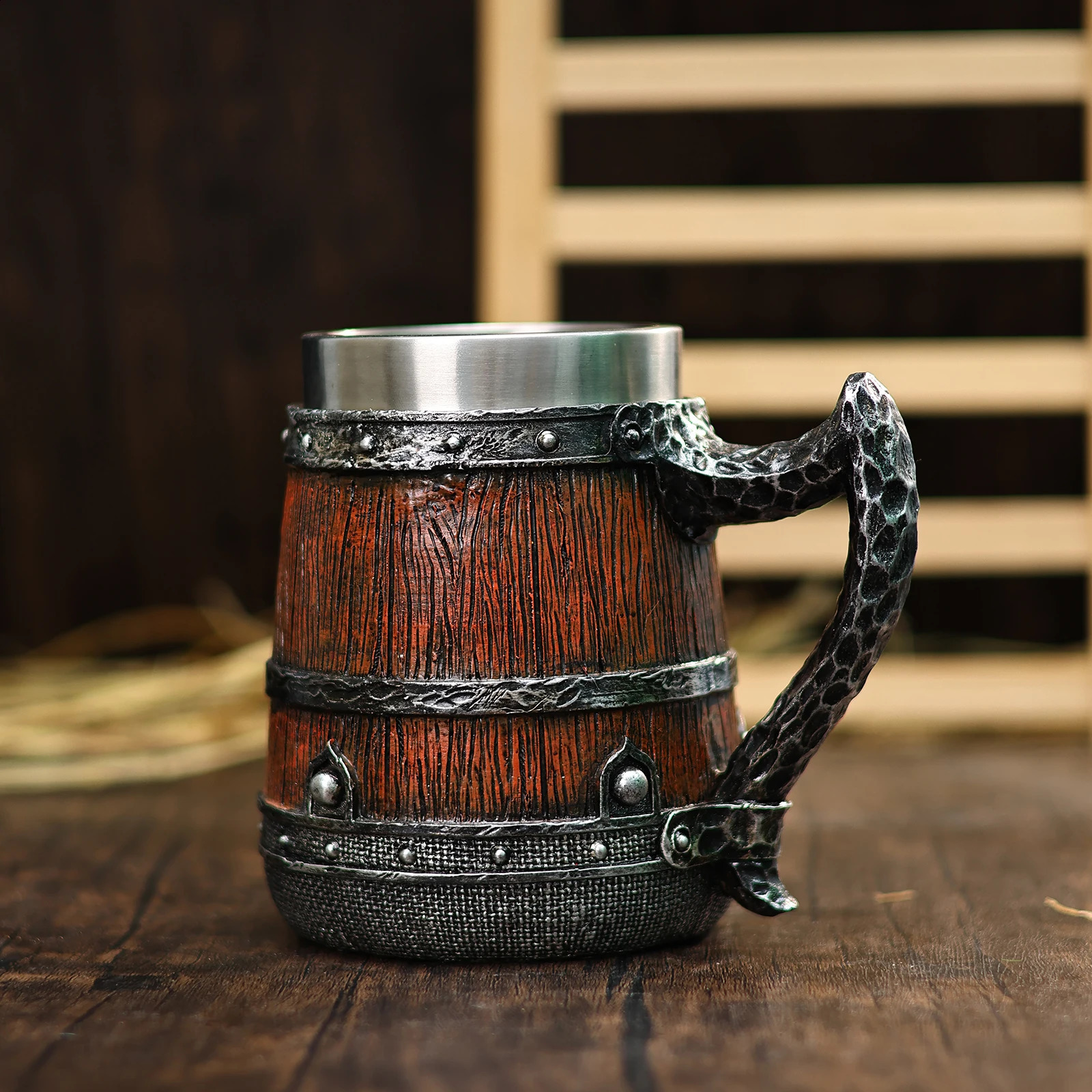 Medieval Stainless Steel Tankard Resin Retro Viking Beer Wooden Decoration Mug for Holiday Theme Party Friends Gift 240730