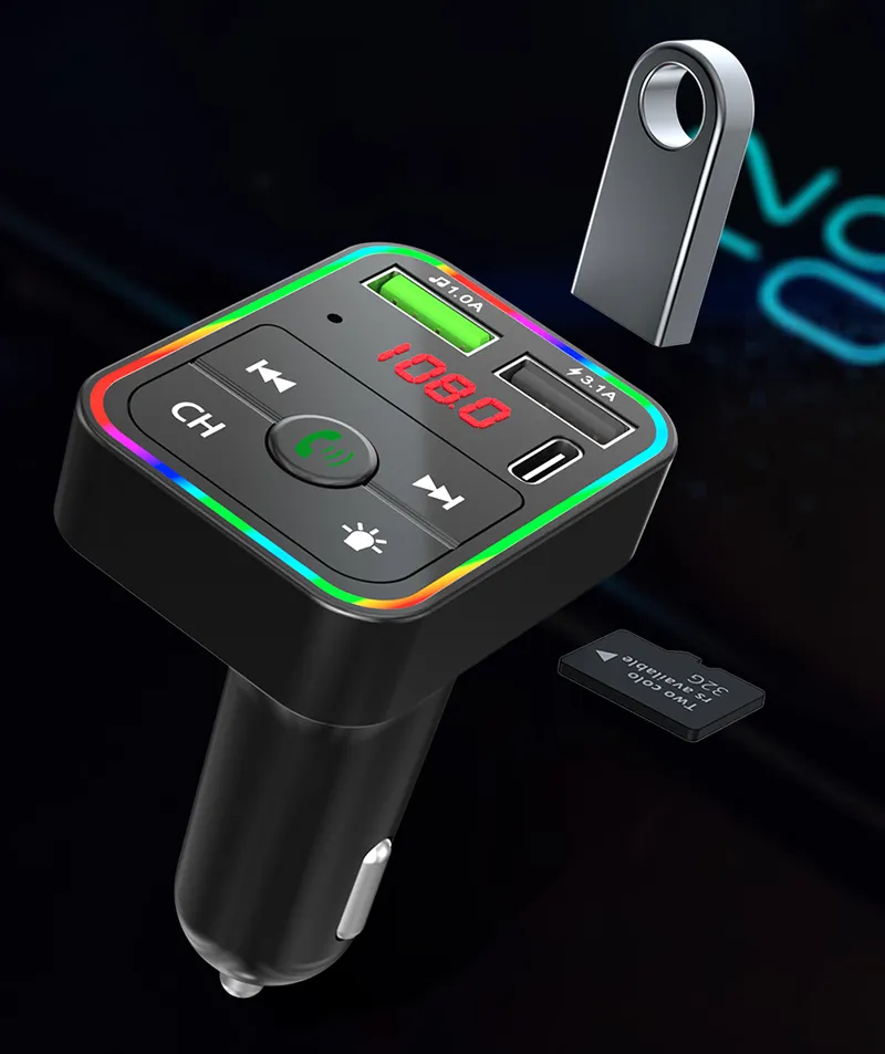 Car F2 Charger BT5.0 FM Transmitter Dual USB Fast Charging PD Type C Ports Handsfree Audio Receiver Auto MP3 Player for Cellphones