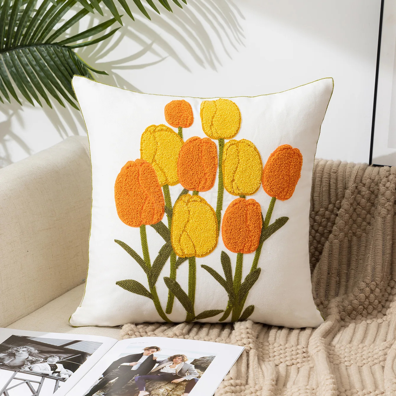 Throw Pillow Cover Decorative Cushion Pastoral Style Home Living Room Sofa Embroidered Flower 240731