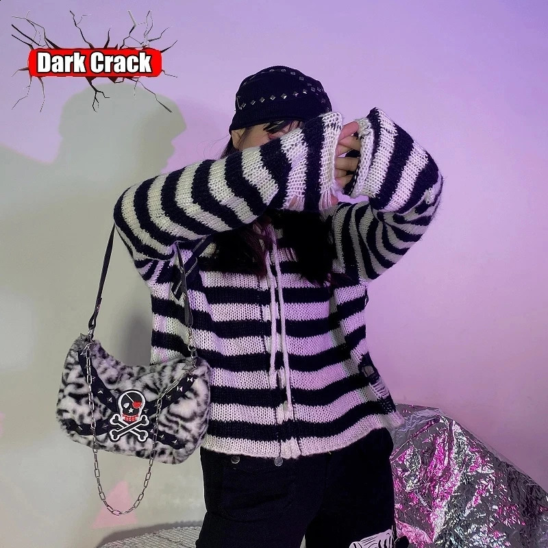 Multicolor striped knitted cardigan woman versatile gothic punk Harajuku y2k Spicy Girls subcultural millennium sweater 240731