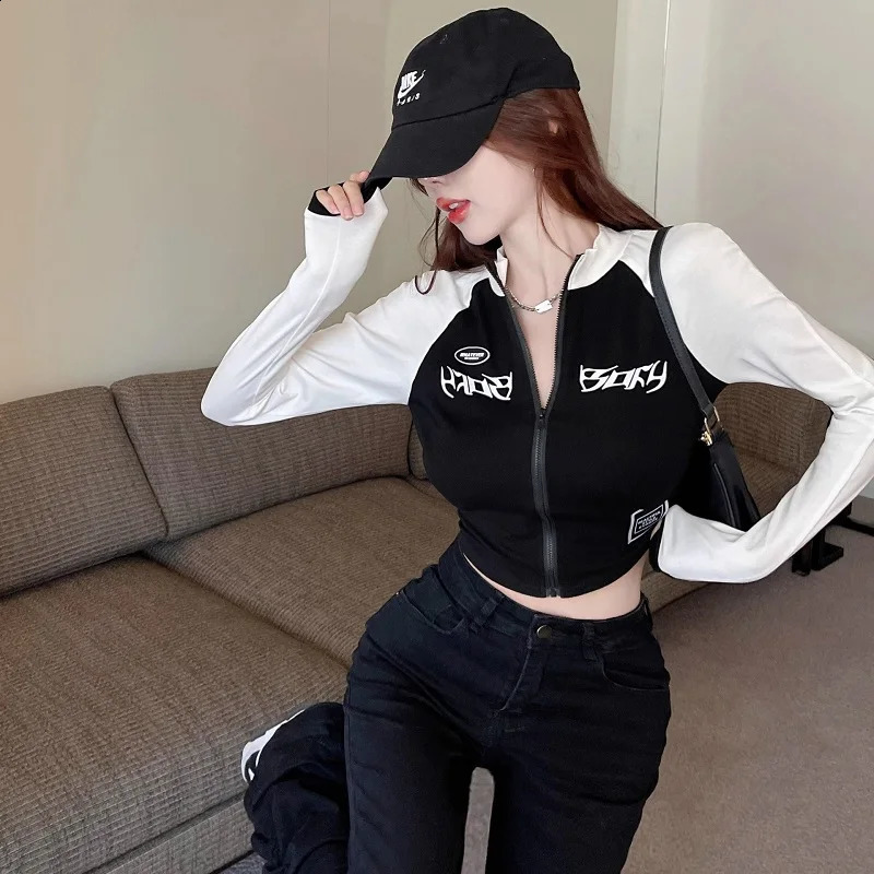 Y2K Retro T-shirt Womens Autumn Long sleeved O-neck Crop Top Korean Fashion Retro Street Zipper Tight T-shirt E 240826