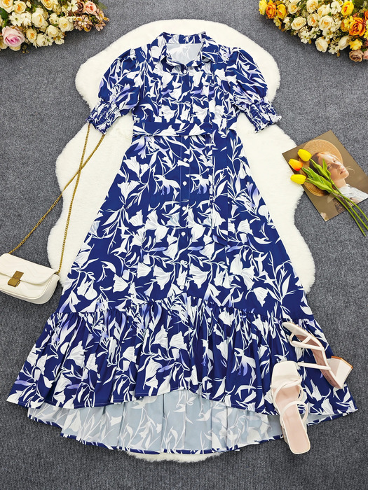 Women Floral Print Long Dress Summer Casual Turn-down Collar Half Sleeve Loose Big Swing Dress Female Vintage Beach Maxi Dress240730