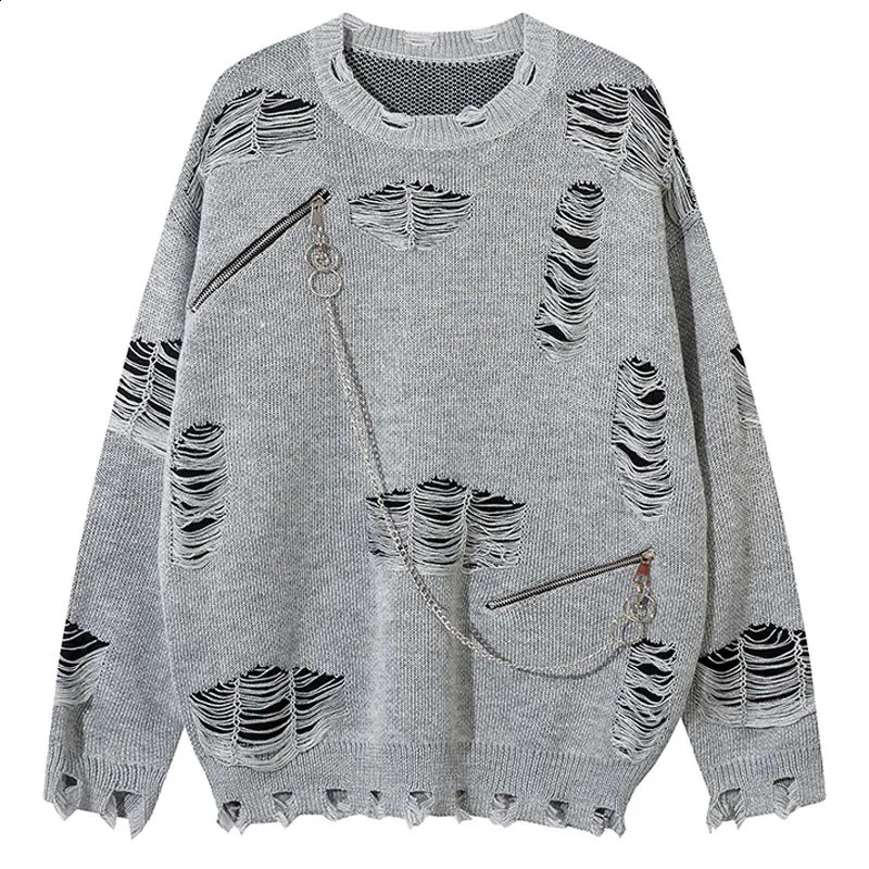 Vintage Oversized Sweater Y2K Grunge Knitted Ripped Hole Sweaters with Chain Hip Hop Punk Gothic Loose Zipper Jumpers Streetwear 240731