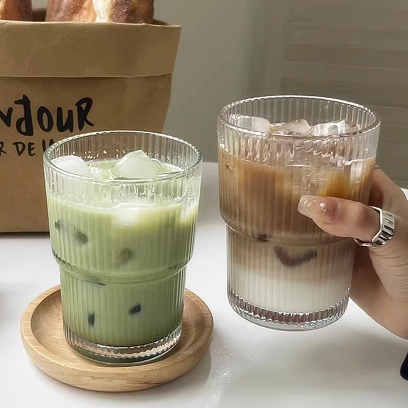 Vertical Stripes Ins Coffee Glass Lid Straw Water Cup Good-looking Ice American Latte Milk Cup Mugs Iced Coffee Cups 240730