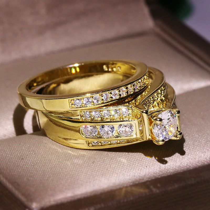 Size 6-10 Couple Wedding Rings Set: Gold Fill Cubic Zirconia Princess Cut Engagement Ring, Anniversary Bridal Ring Jewelry for Women