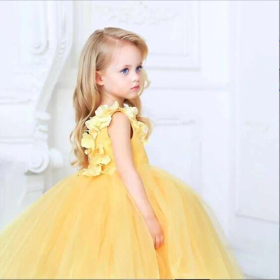 Tulle Yellow Puffy Wer Cute Birthday Shiny Girl Wedding Party Girls Dress First Communion Kids Formal Wear 0218