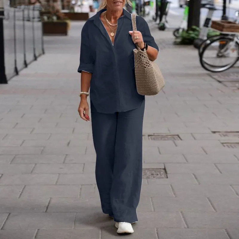 Womens Suit Plus Size Casual Linen Lapel Long-sleeved Shirt Suit Summer Solid Color Trousers Wide-leg Pants Two-piece Set 240730