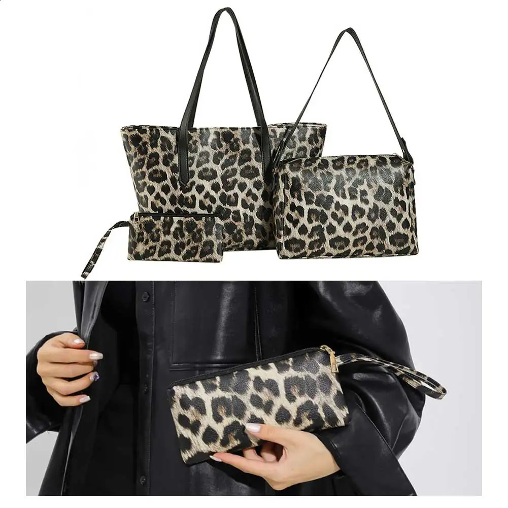 Women 3pcs PU Tote Bag Shoulder Bag Leopard Print Zipper Tote Wallet Set 240731