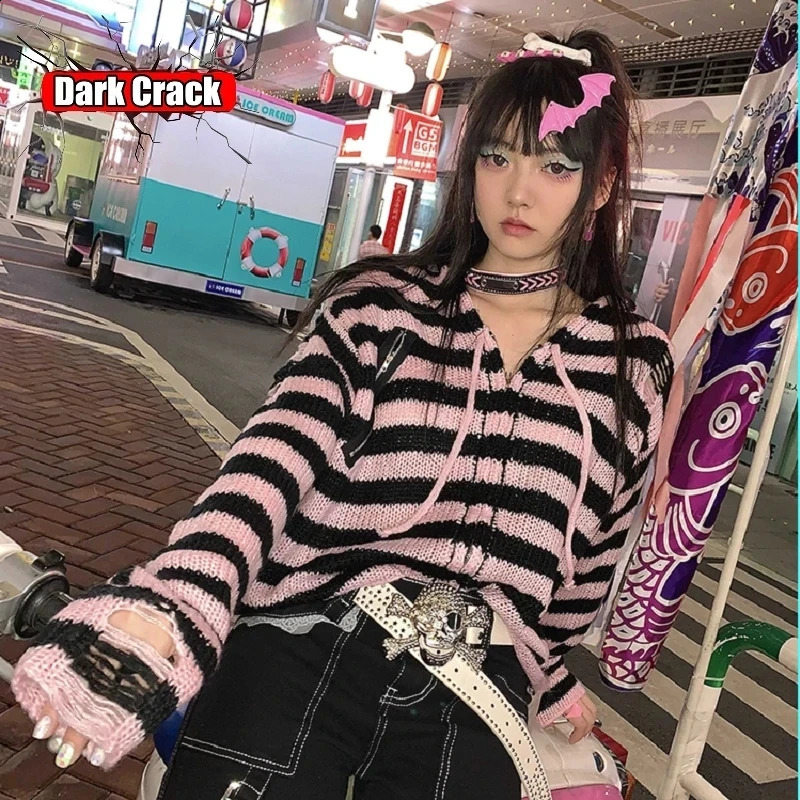 Multicolor striped knitted cardigan woman versatile gothic punk Harajuku y2k Spicy Girls subcultural millennium sweater 240731