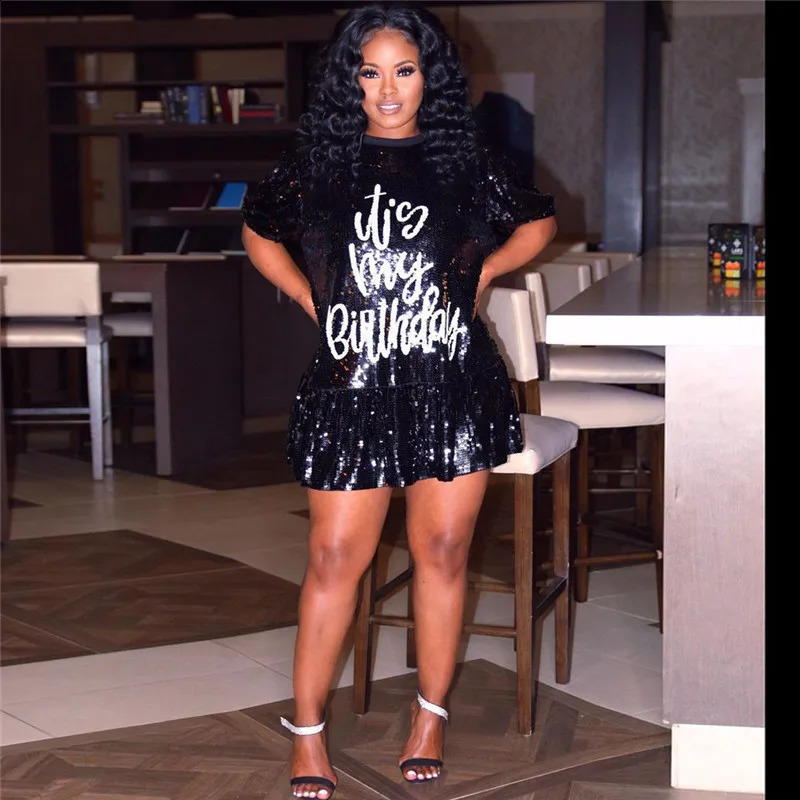 Summer Women Short Sleeve Letter Sequins Shiny Casual T Shirt Dress Ruffles Hem Glitter Loose Birthday Party A-line Dress 240731