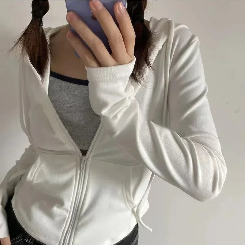 Deeptown Vintage Zip Up Cropped Hoodies Women Korean Style Streetwear Hooded Sweatshirts Kpop Solid Color Y2k Long Sleeve Tops 240813