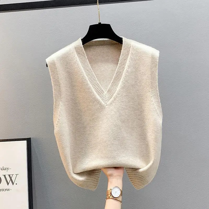 Knitted Tank Top Coat Spring and Autumn Kam Shoulder Womens Sweater Korean Vneck Loose AutumnWinter Vest for Outwear 240730