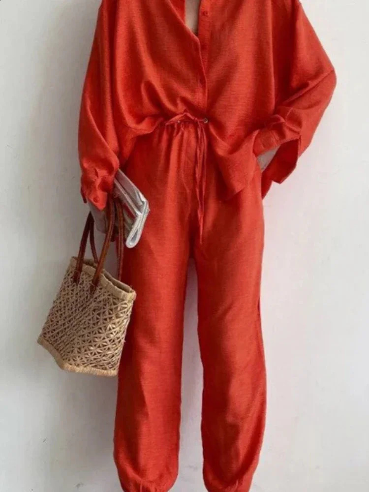 Summer Fashion Matching Collection Womens Loose Single Breasted Top High Waist Wide Leg Pants Cotton Linen Two Piece Set 240731