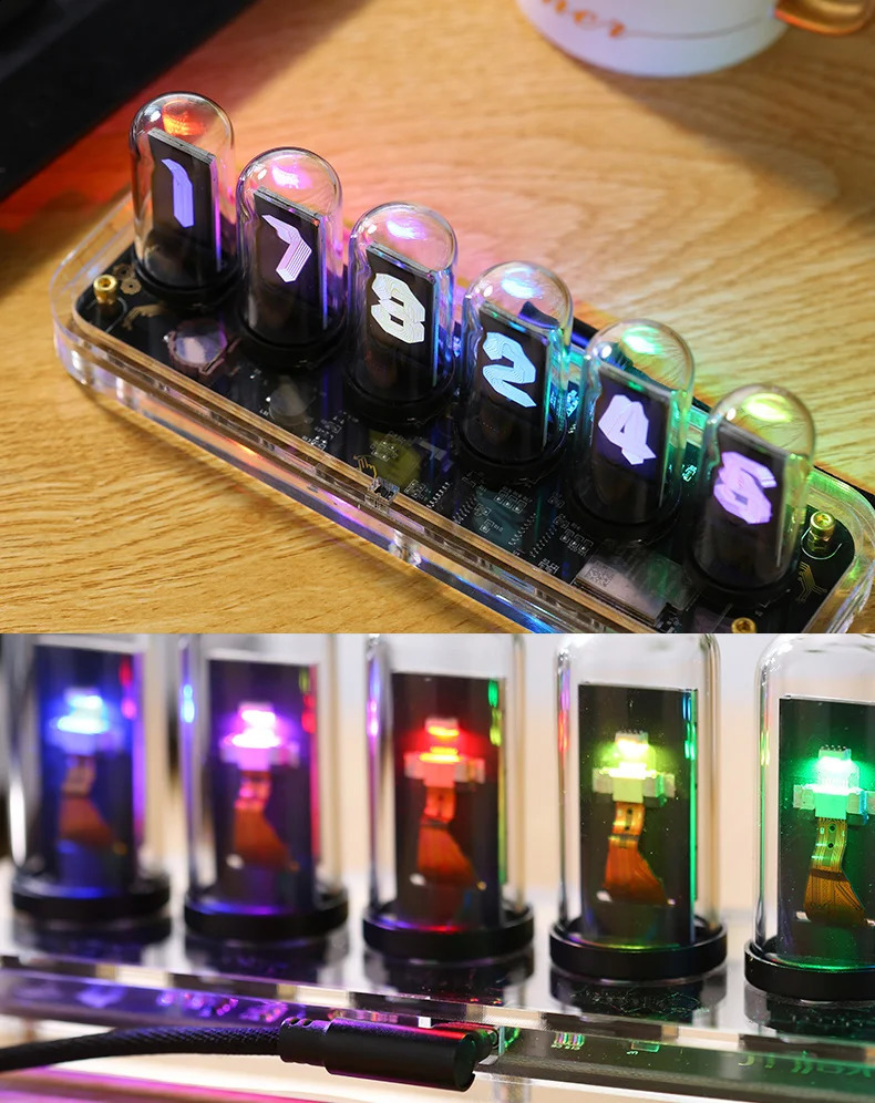 Glow Nixie Tube Clock Mobile APP Editable IPS Display Digital Calendar Stopwatch Time Modern Desk Gesture Control Nixie Clock 240730