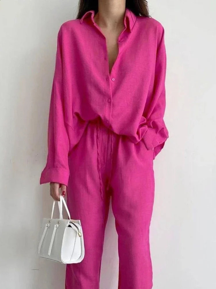 Summer Fashion Matching Collection Womens Loose Single Breasted Top High Waist Wide Leg Pants Cotton Linen Two Piece Set 240731