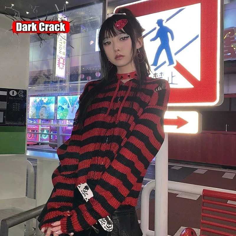 Multicolor striped knitted cardigan woman versatile gothic punk Harajuku y2k Spicy Girls subcultural millennium sweater 240731