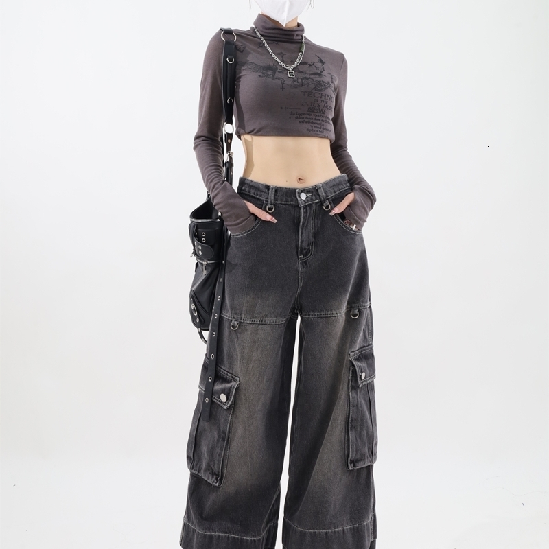 Women Black Gothic Cargo Jeans Baggy Harajuku Aesthetic Oversize Denim Trousers Y2k Jean Pants Vintage Emo 2000s Trashy Clothes 240806
