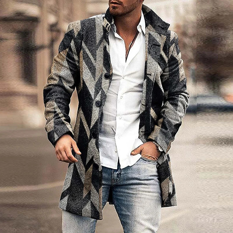 Autumn Winter Retro Print Woolen Coat Men Casual Single Breasted Lapel Long Sleeve Coat Men Fashion Loose Pocket Mid Long Jacket 240731