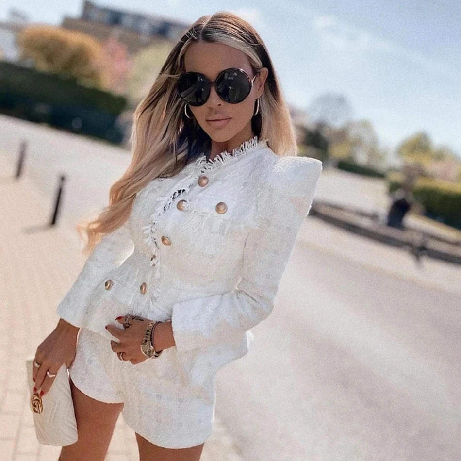 High quality spring coarse woolen 2piece set sexy Oneck long sleeved single chest jacket and pants club party 240730