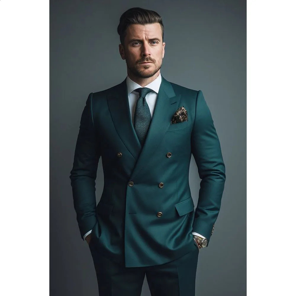 Arrival Green Men Suits Two Piece Fashion Lapel Double Breasted Suit Business Casual Wedding Tuxedo BlazerPants y240821