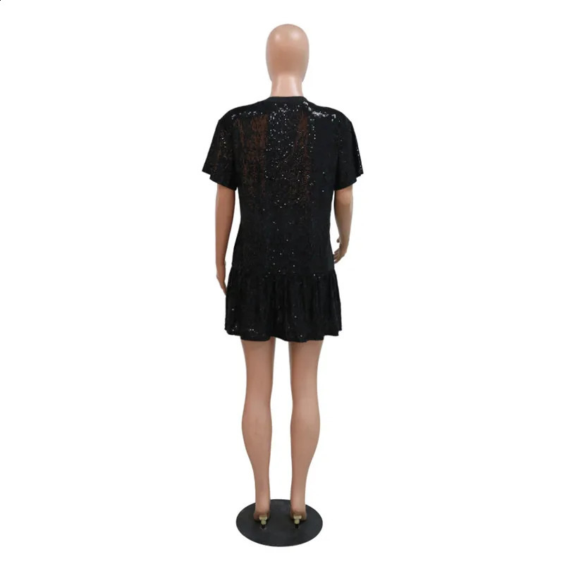 Summer Women Short Sleeve Letter Sequins Shiny Casual T Shirt Dress Ruffles Hem Glitter Loose Birthday Party A-line Dress 240731