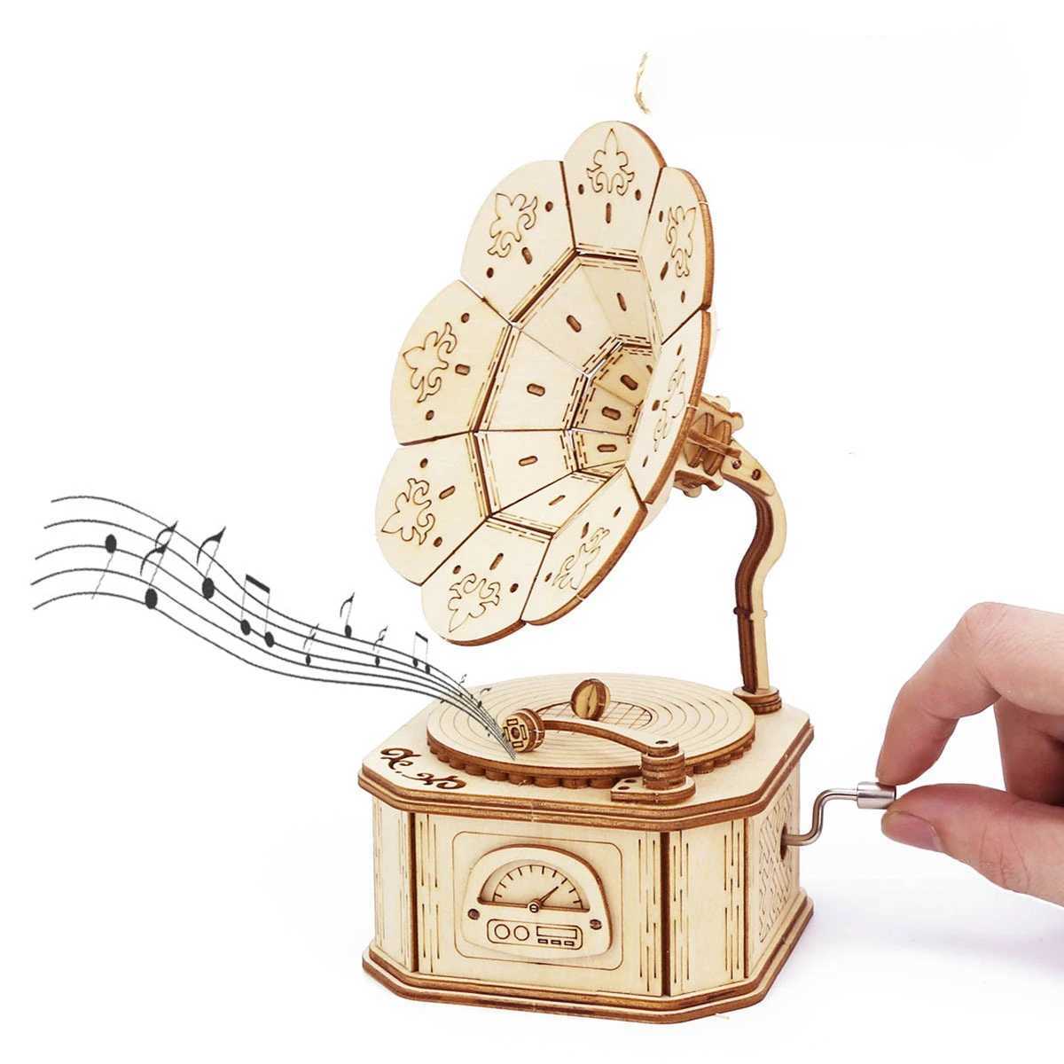 3D Wooden Gramophone Music Box Puzzles Kits for Teen Adults Construction Models Set Toys DIY Assembling Machnical Gift To BuildM240731